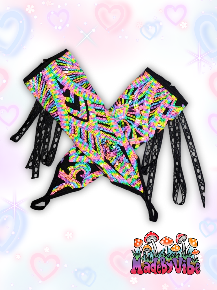 Nostalgic Neon Lace Up Arm Sleeves with Finger Loop - Ready to Ship