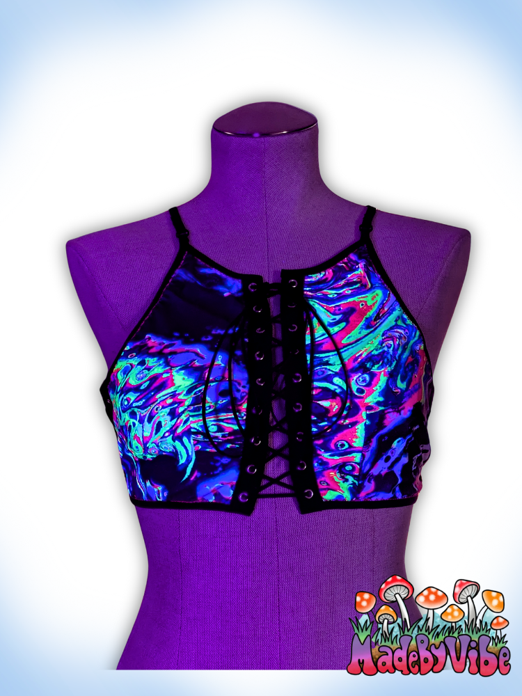 Oil Slick UV Reactive Lace Up Backless Crop Top - Ready to Ship