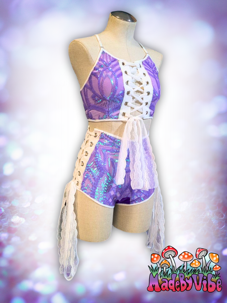 Lavender Haze Lace Up Backless Crop Top w/ White Trim - Made to Order