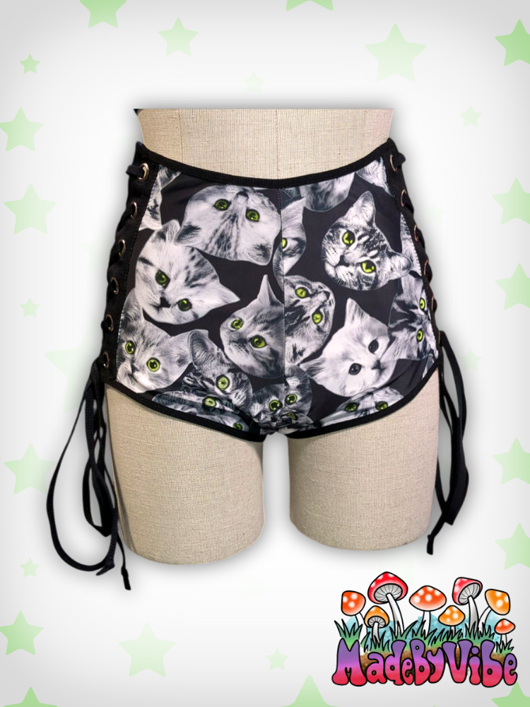 Cat Print Lace Up High Waisted Booty Shorts - Ready to Ship