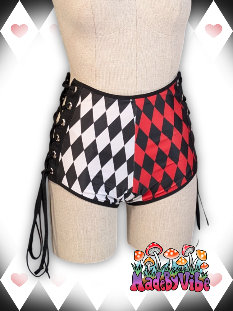Harlequin Lace Up High Waisted Booty Shorts - Ready to Ship