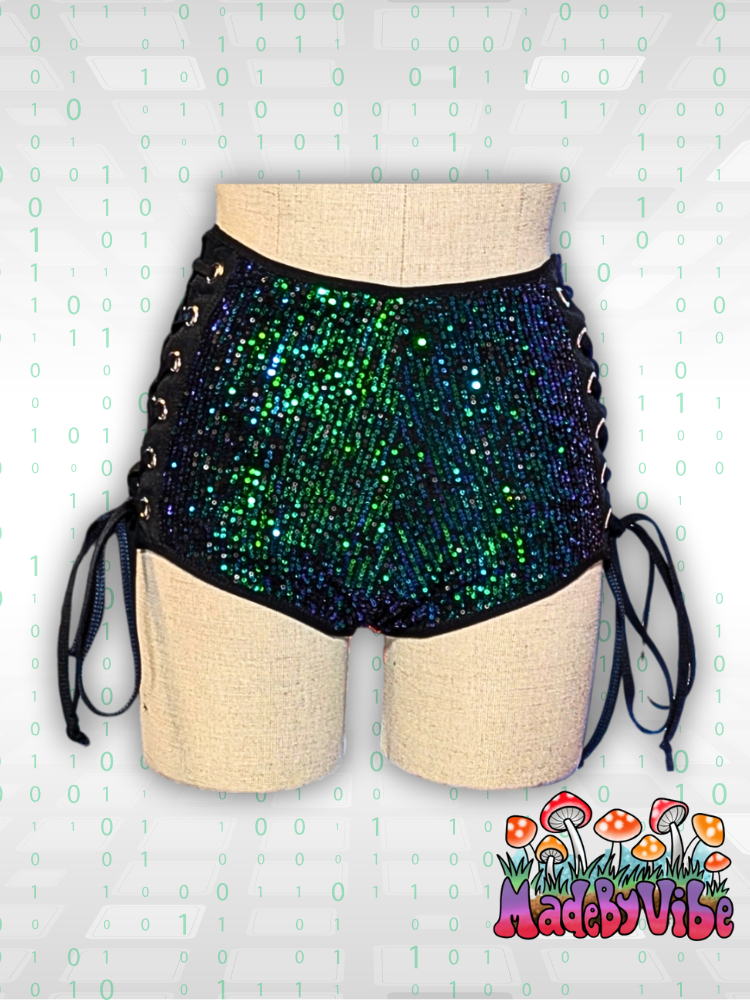 Digital Rain High Waisted Side Lace Booty Shorts - Ready to Ship
