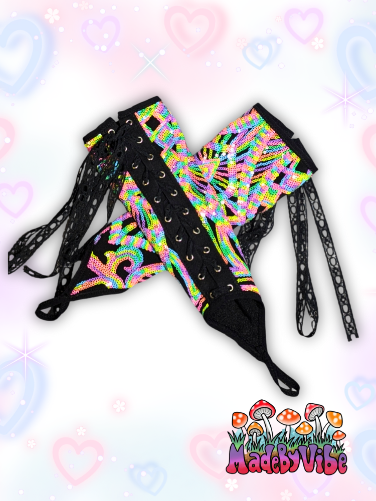 Nostalgic Neon Lace Up Arm Sleeves with Finger Loop - Ready to Ship