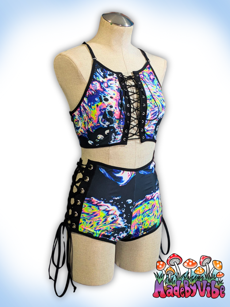 Oil Slick UV Reactive Lace Up Backless Crop Top - Ready to Ship