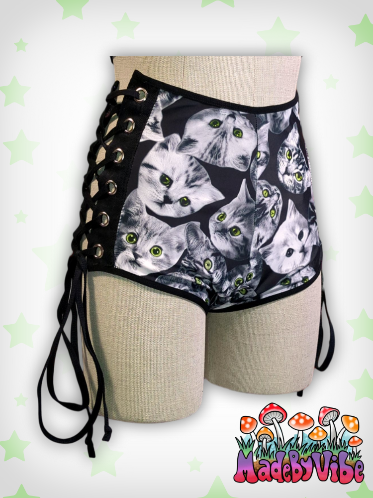 Cat Print Lace Up High Waisted Booty Shorts - Ready to Ship