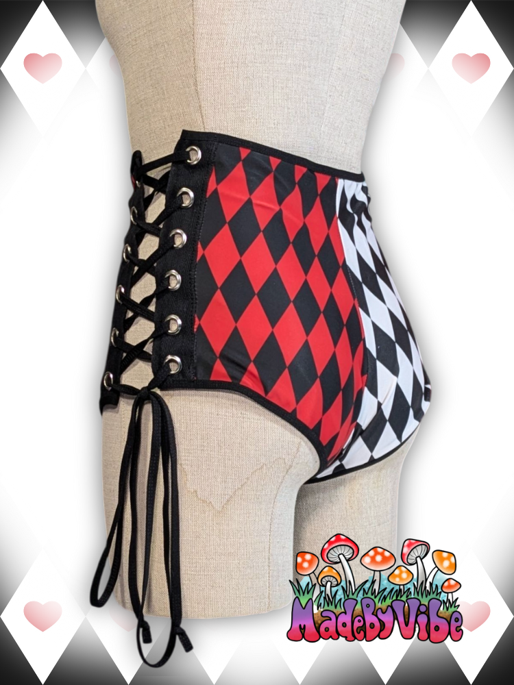 Harlequin Lace Up High Waisted Booty Shorts - Ready to Ship