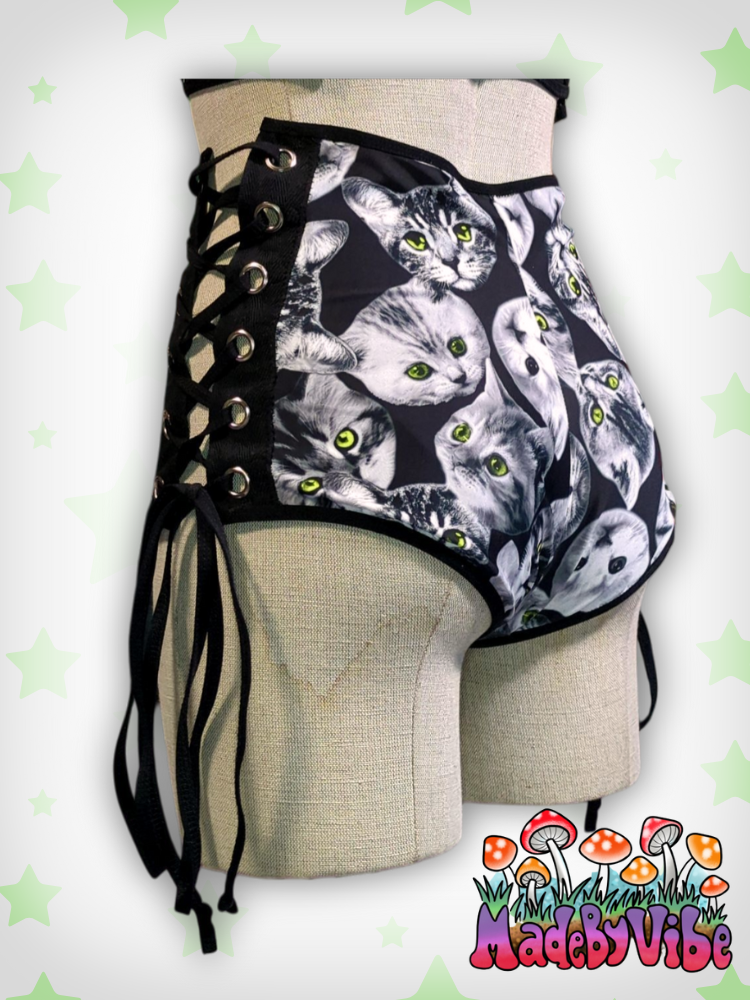 Cat Print Lace Up High Waisted Booty Shorts - Ready to Ship