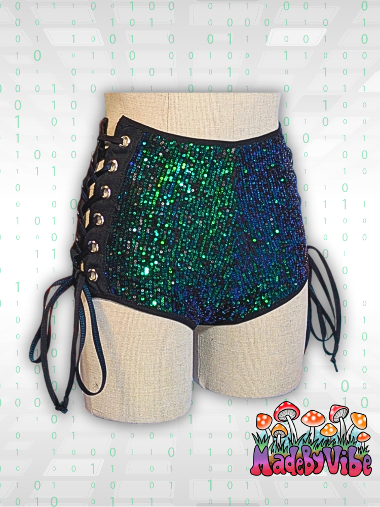 Digital Rain High Waisted Side Lace Booty Shorts - Ready to Ship