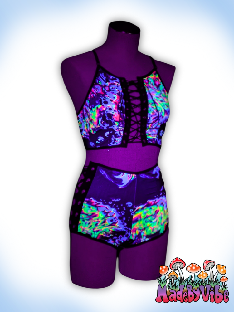 Oil Slick UV Reactive Lace Up Backless Crop Top - Ready to Ship