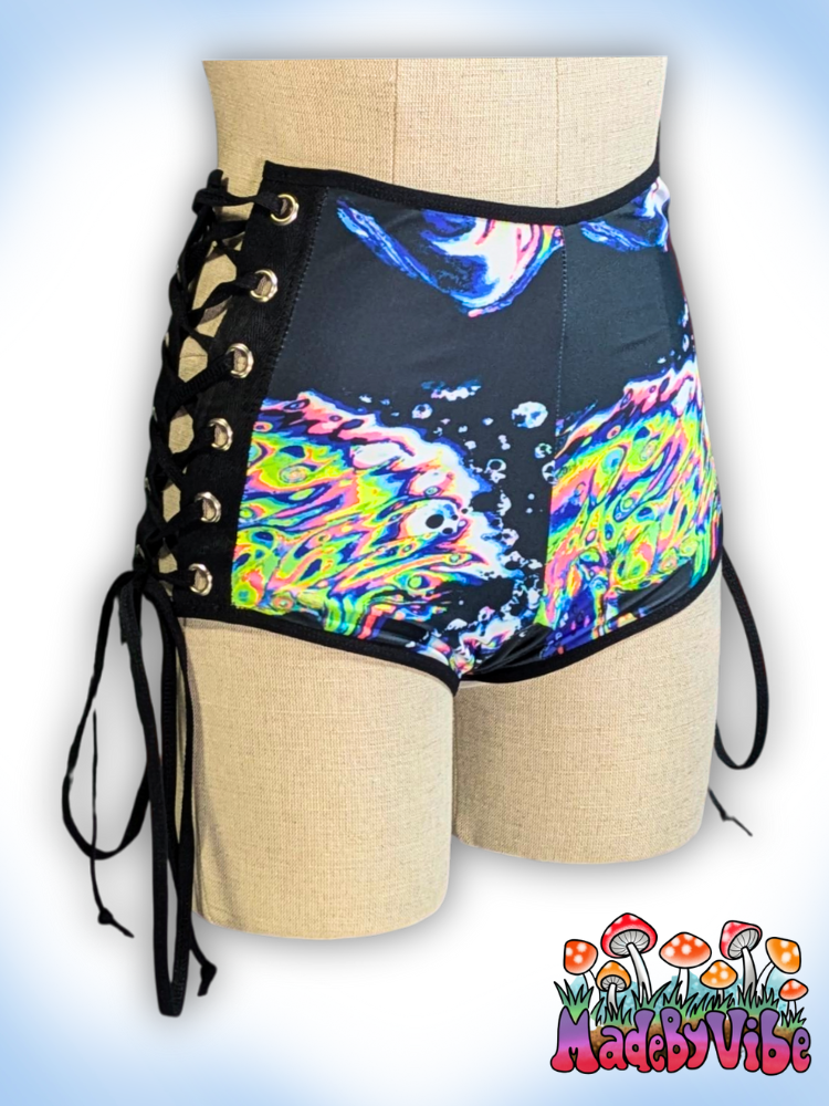 Oil Slick Lace Up High Waisted Booty Shorts - Ready to Ship