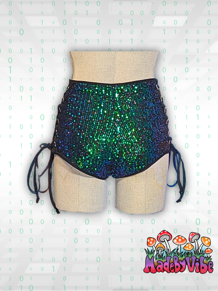 Digital Rain High Waisted Side Lace Booty Shorts - Ready to Ship