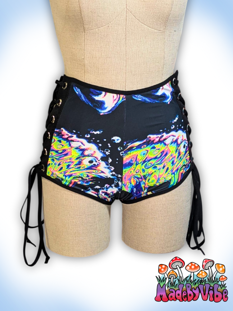 Oil Slick Lace Up High Waisted Booty Shorts - Ready to Ship
