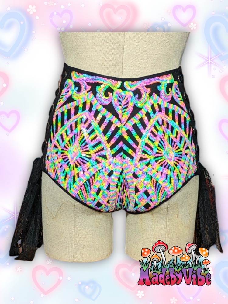 Nostalgic Neon High Waisted Side Lace Booty Shorts - Made to Order