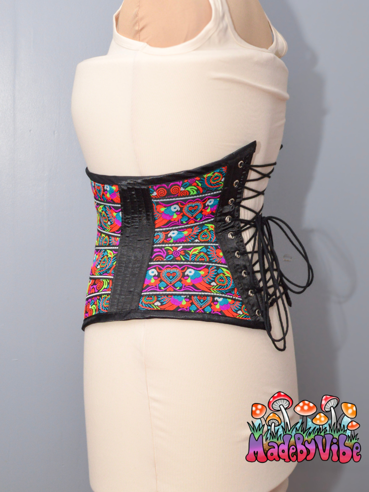 Lovebirds Folk Art Ribbon Corset - One of a Kind Underbust Corset 26" Finished Waist