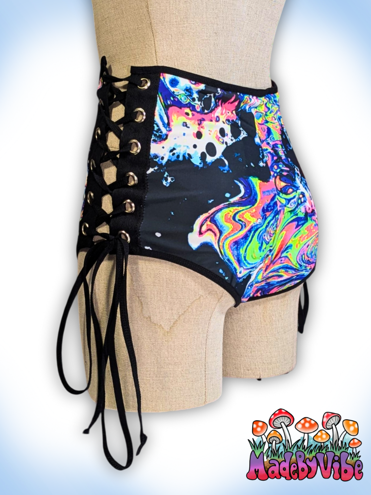 Oil Slick Lace Up High Waisted Booty Shorts - Ready to Ship