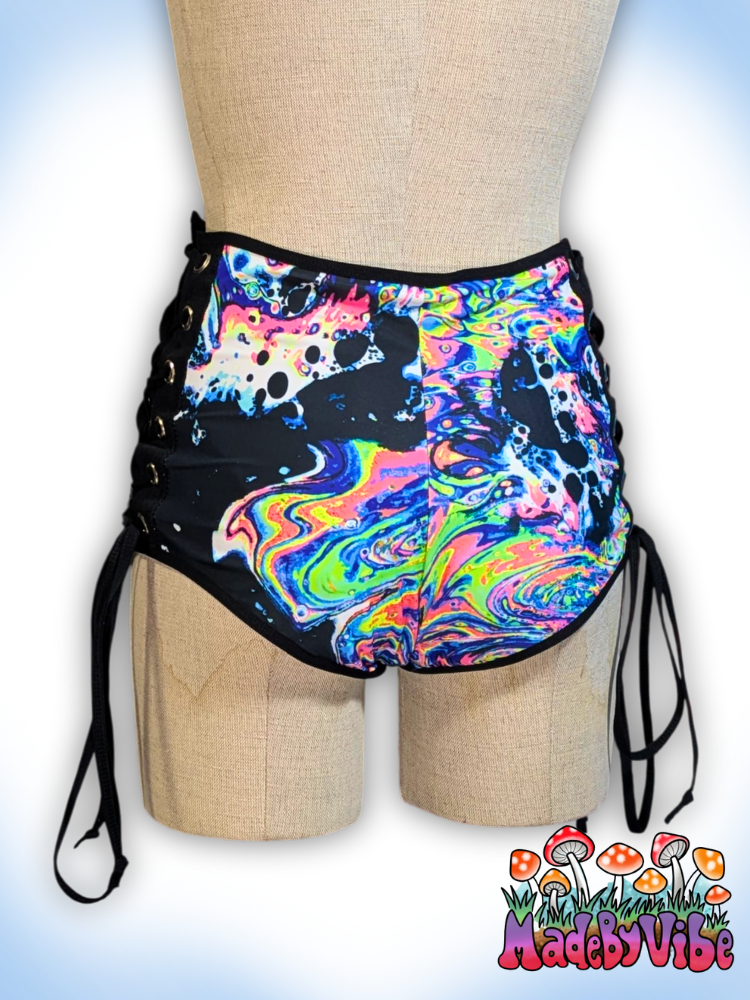 Oil Slick Lace Up High Waisted Booty Shorts - Ready to Ship