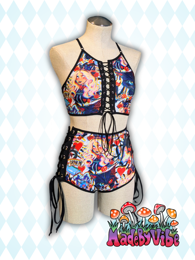 Trippy Wonderland Lace Up Front Backless Crop Top - Ready to Ship