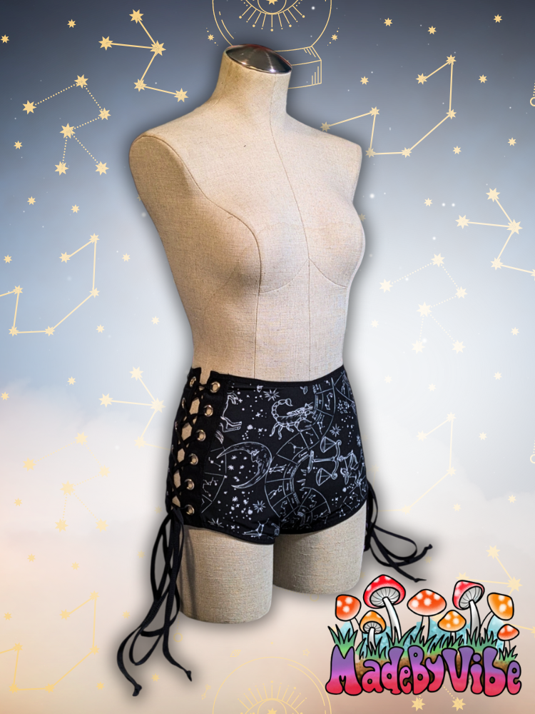 Zodiac Print Lace Up High Waisted Booty Shorts - Ready to Ship
