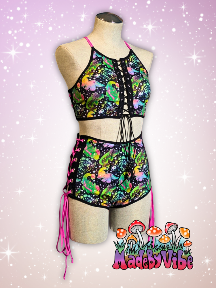 Zombie Dinos Lace Up High Waisted Booty Shorts - Ready to Ship