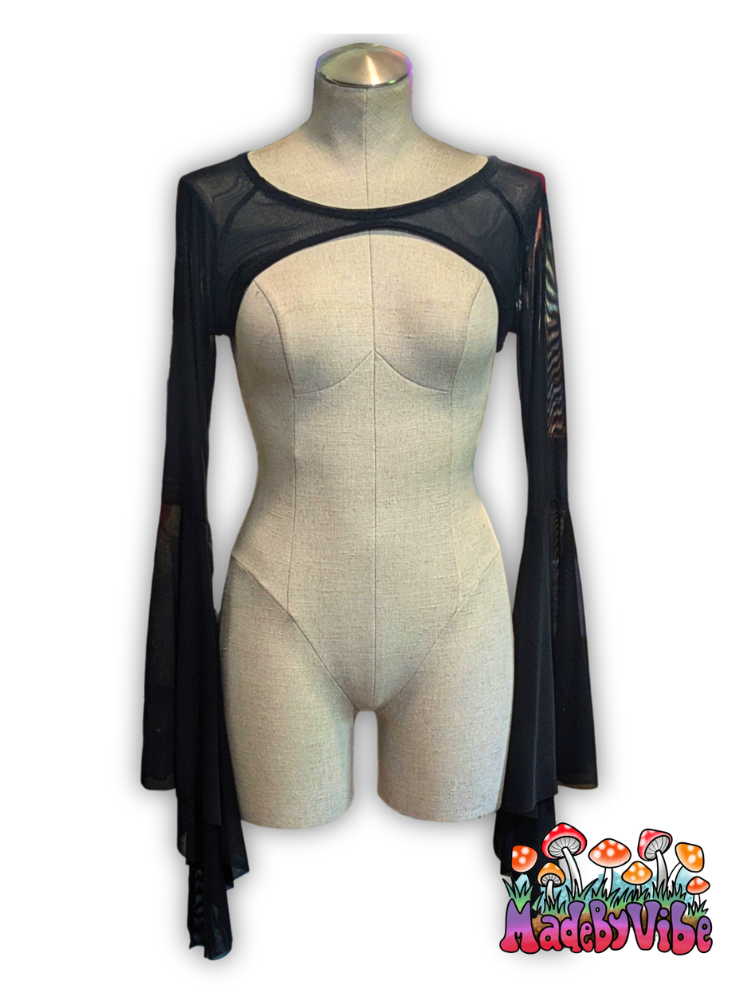 Black Mesh Dramatic Flare Sleeve Shrug - Ready to Ship