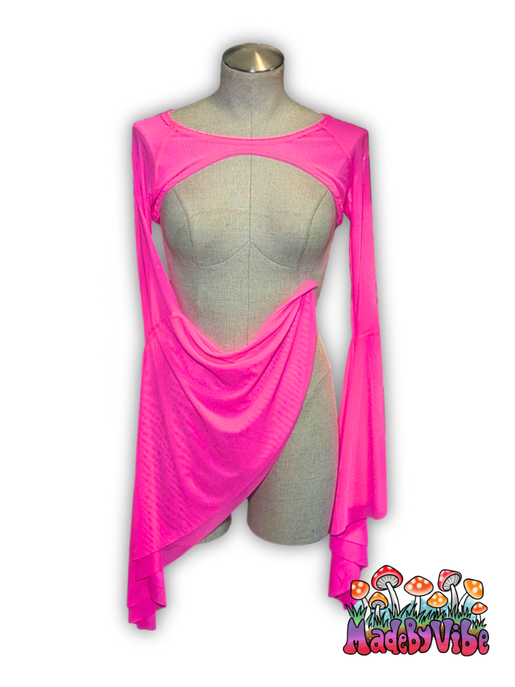 Hot Pink Mesh Dramatic Flare Sleeve Shrug - Ready to Ship