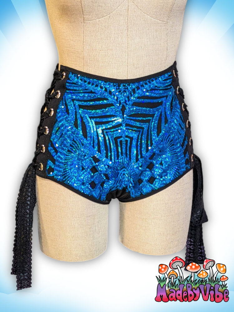 Azure Sequin High Waisted Side Lace Booty Shorts - Ready to Ship
