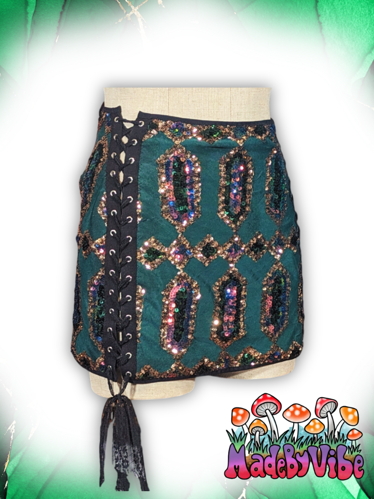 Emerald Nightfall Lace Up Sides Mini Pencil Skirt - Ready to Ship
