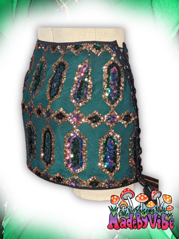 Emerald Nightfall Lace Up Sides Mini Pencil Skirt - Ready to Ship