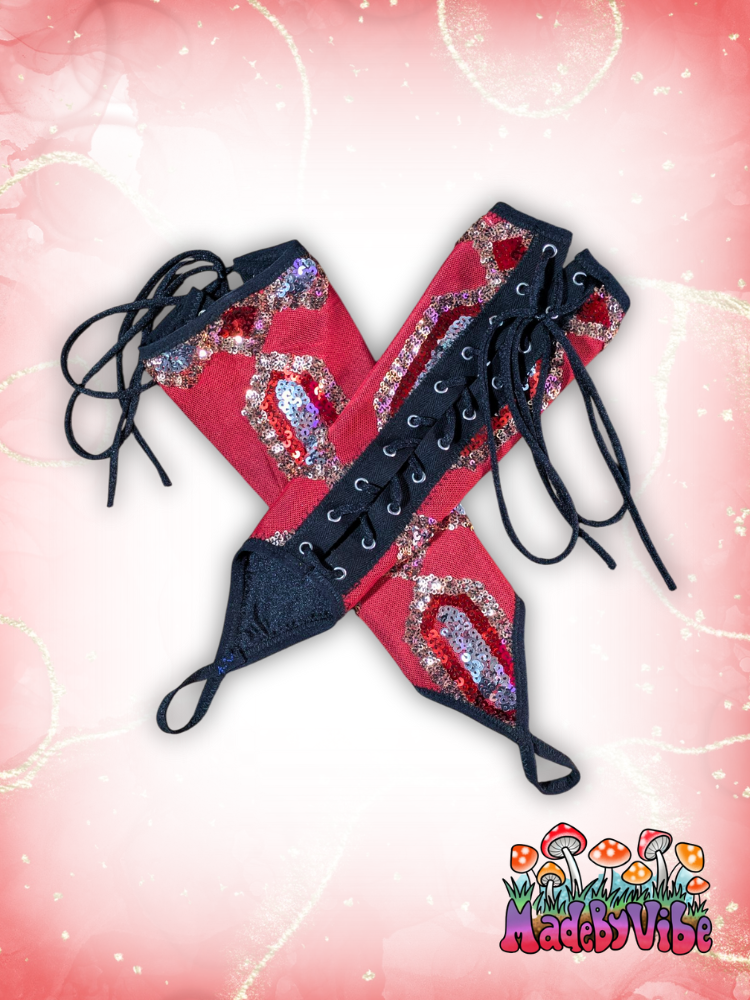 Royal Ruby Lace Up Arm Sleeves with Finger Loop - Ready to Ship