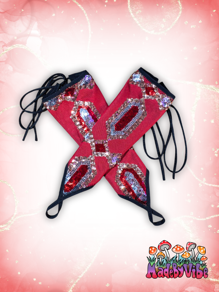 Royal Ruby Lace Up Arm Sleeves with Finger Loop - Made to Order