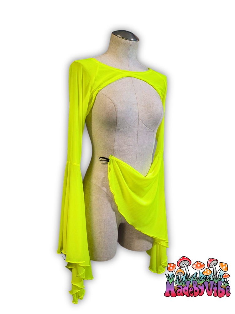 Neon Yellow Mesh Dramatic Flare Sleeve Shrug - Ready to Ship