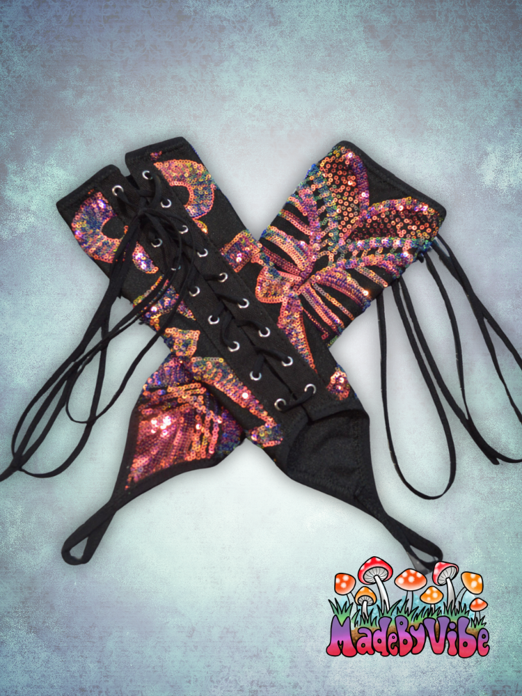 Midnight Aurora Lace Up Arm Sleeves with Finger Loop - Ready to Ship