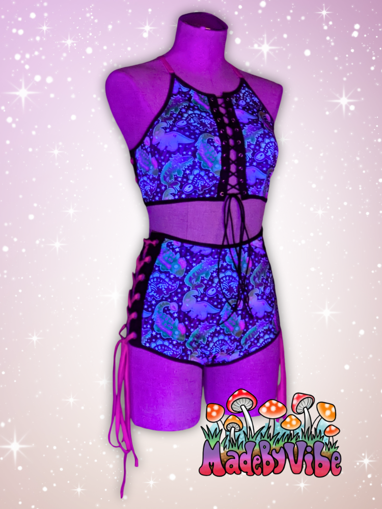 Zombie Dinos Lace Up High Waisted Booty Shorts - Ready to Ship