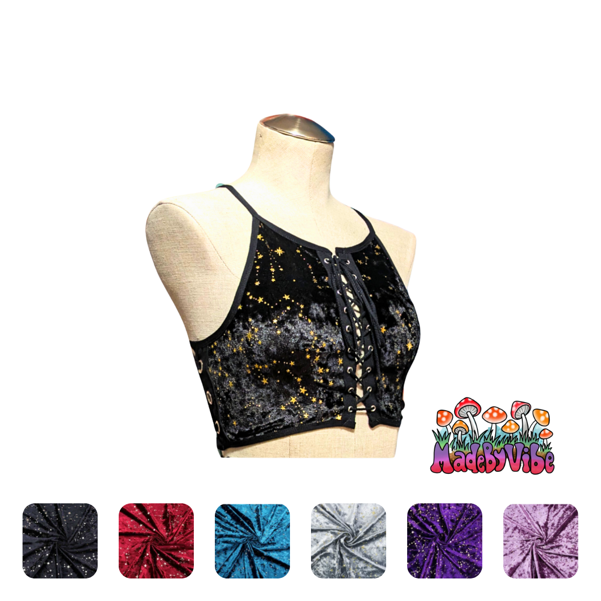 Constellation Velvet Lace Up Backless Crop Top With Black Trim - Ready to Ship