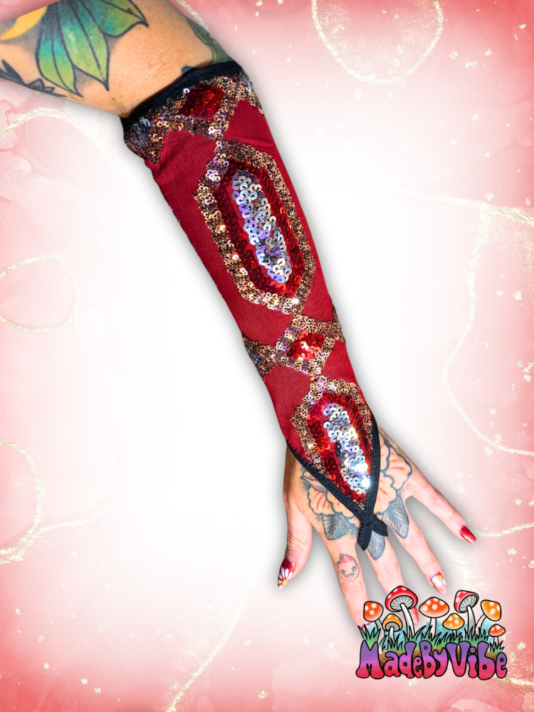 Royal Ruby Lace Up Arm Sleeves with Finger Loop - Made to Order