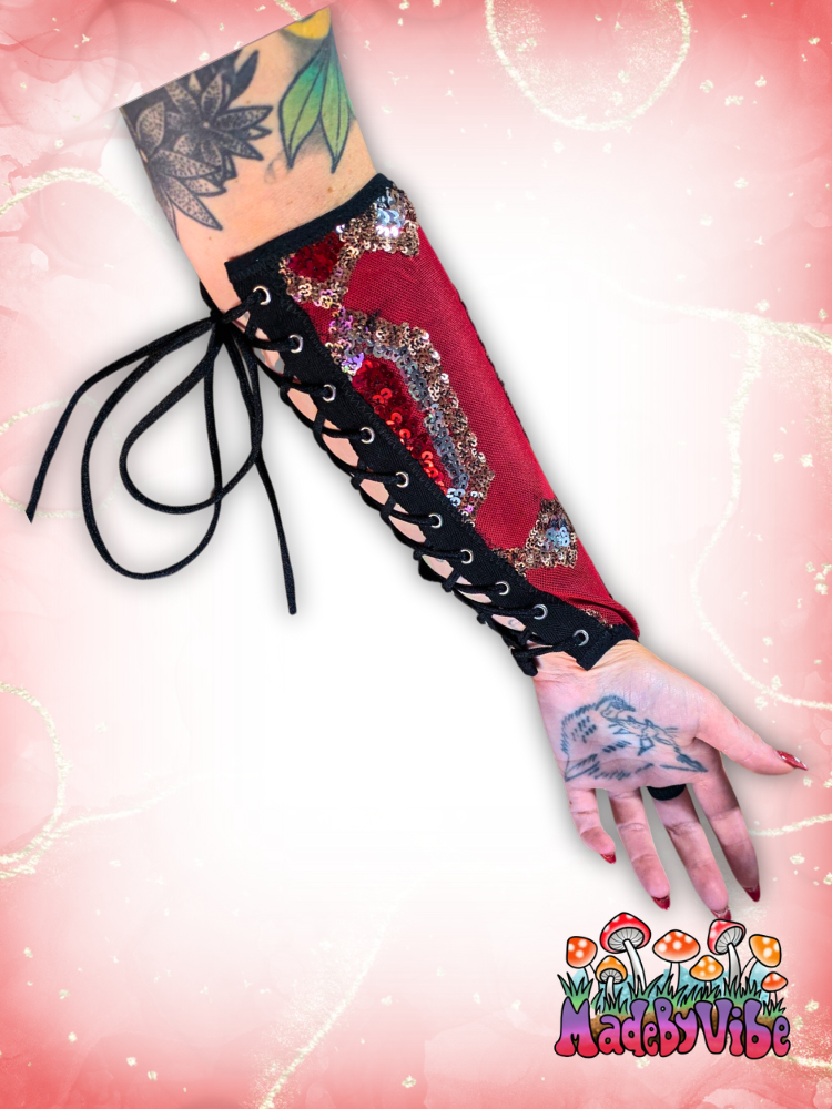 Royal Ruby Lace Up Arm Sleeves with Finger Loop - Made to Order