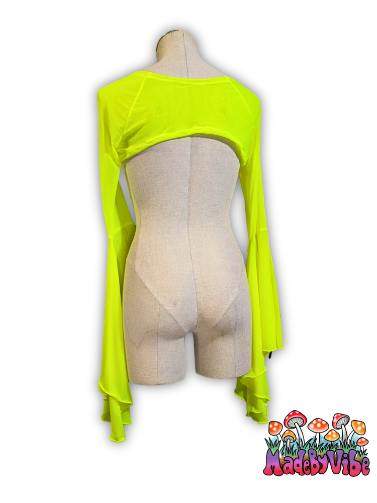 Neon Yellow Mesh Dramatic Flare Sleeve Shrug - Ready to Ship