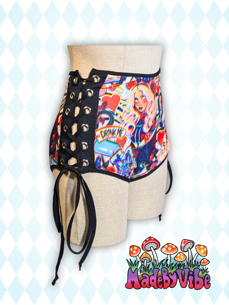 Trippy Wonderland Lace Up High Waisted Booty Shorts - Ready to Ship