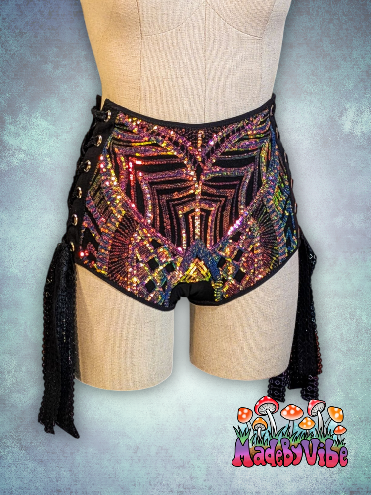 Midnight Aurora High Waisted Side Lace Booty Shorts - Ready to Ship