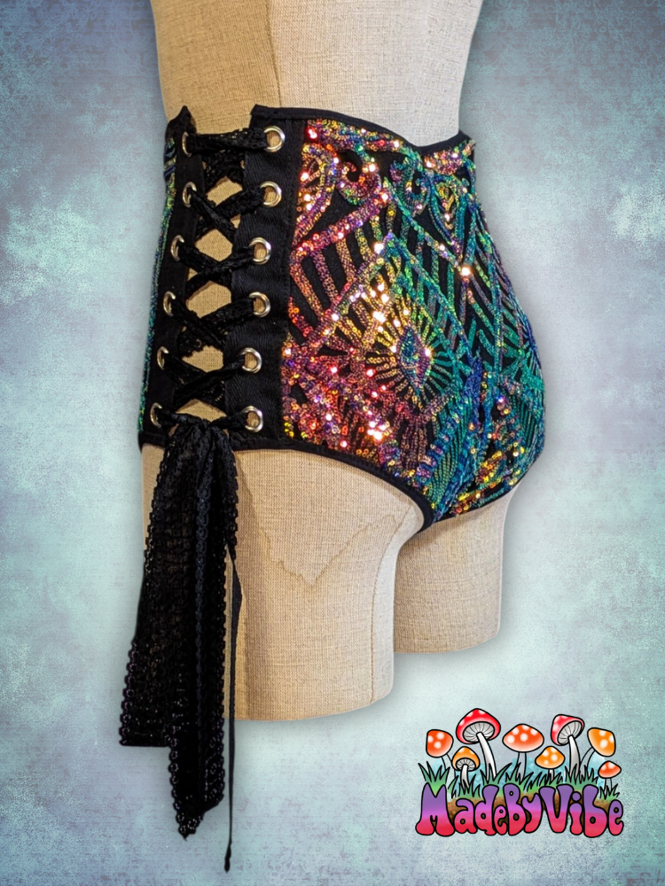 Midnight Aurora High Waisted Side Lace Booty Shorts - Ready to Ship