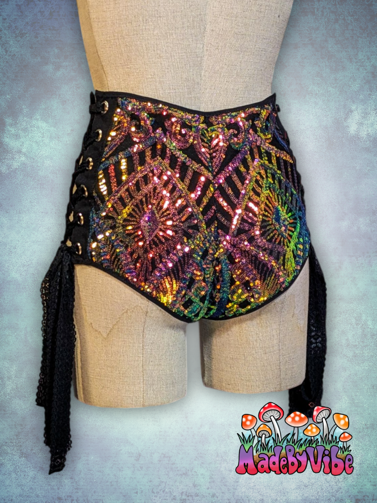 Midnight Aurora High Waisted Side Lace Booty Shorts - Ready to Ship
