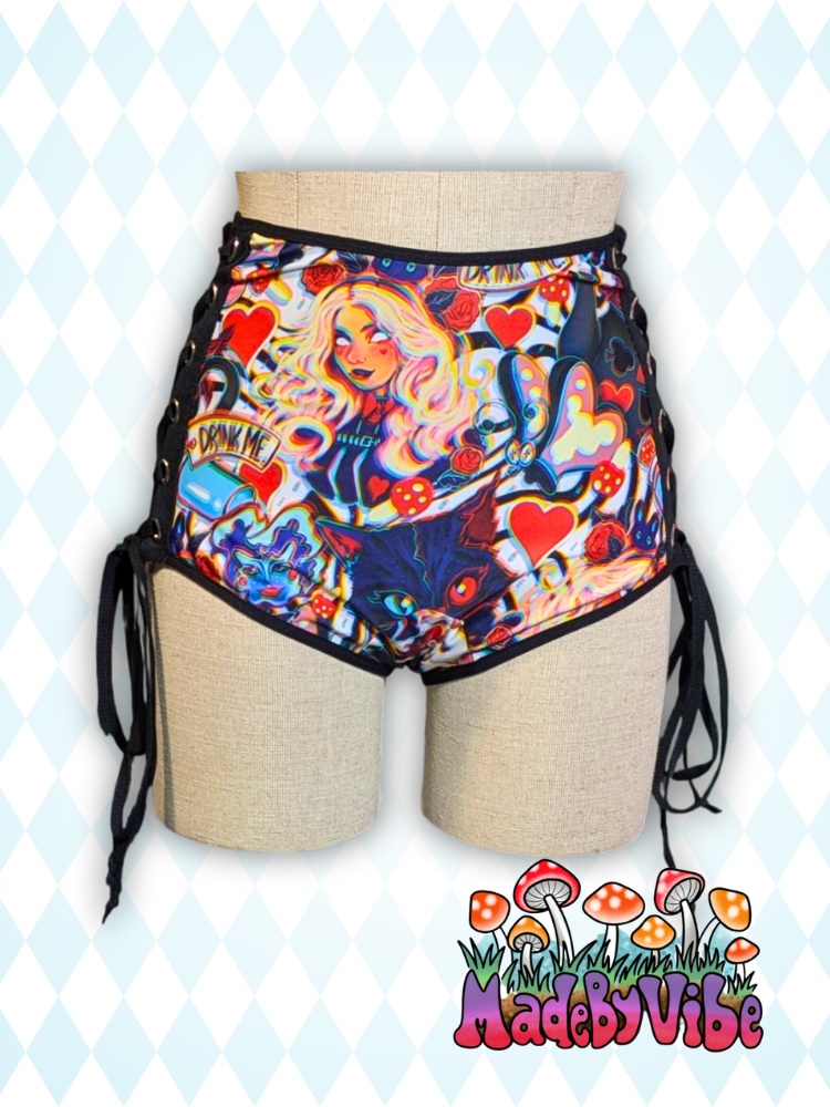 Trippy Wonderland Lace Up High Waisted Booty Shorts - Ready to Ship
