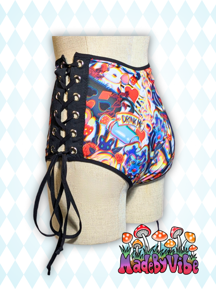 Trippy Wonderland Lace Up High Waisted Booty Shorts - Ready to Ship