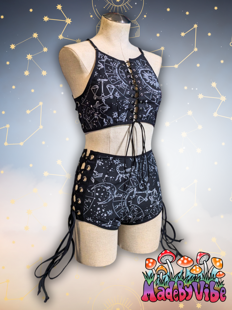Zodiac Print Lace Up Backless Crop Top - Ready to Ship