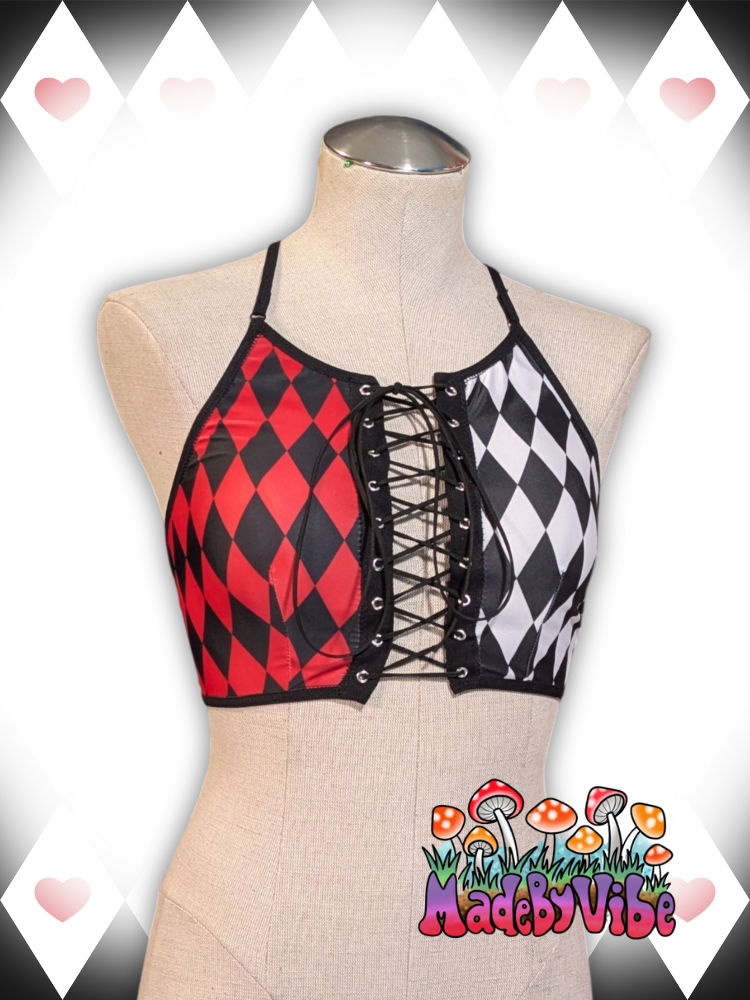 Harlequin Lace Up Front Backless Crop Top - Ready to Ship