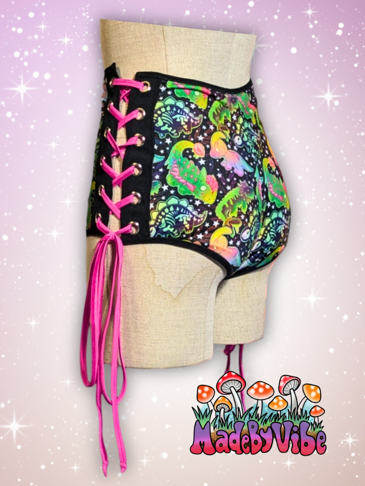 Zombie Dinos Lace Up High Waisted Booty Shorts - Ready to Ship