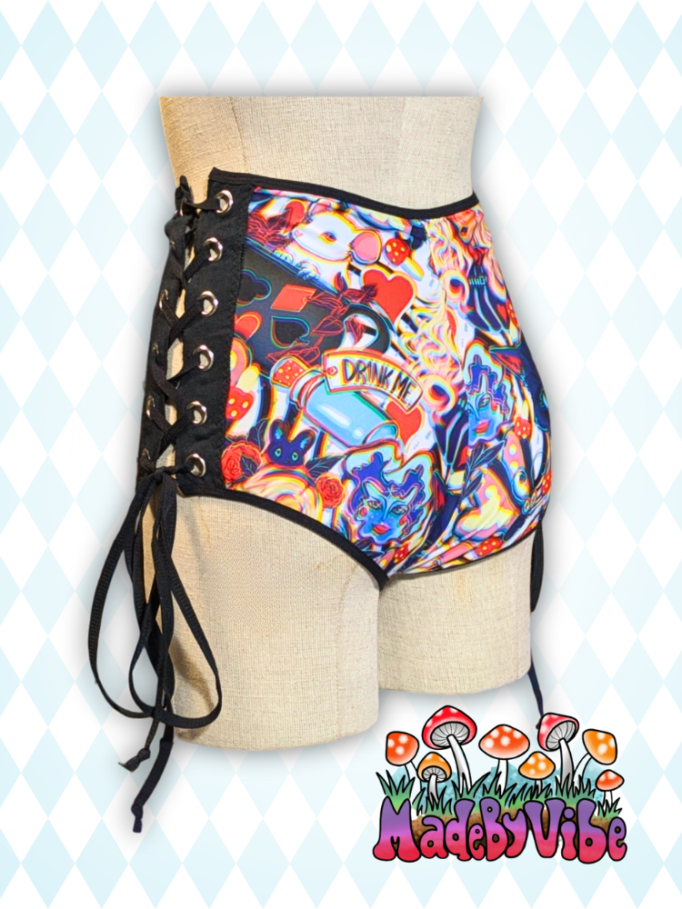 Trippy Wonderland Lace Up High Waisted Booty Shorts - Ready to Ship