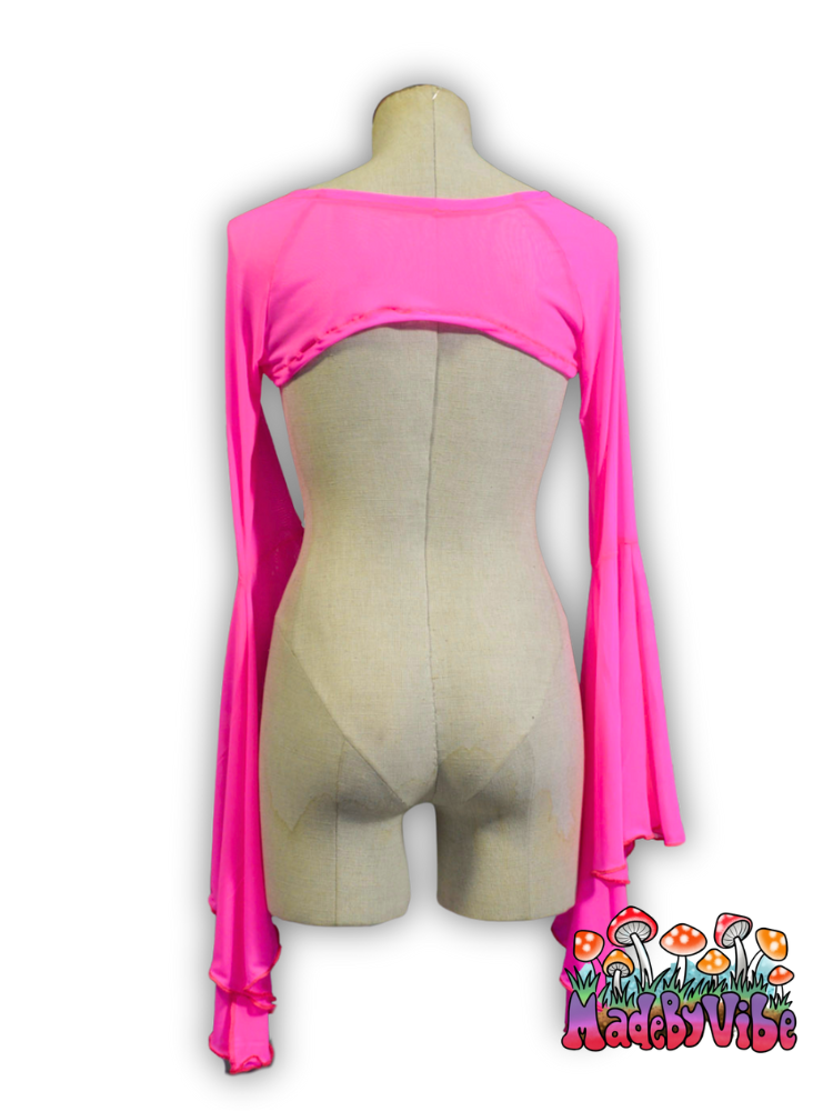 Hot Pink Mesh Dramatic Flare Sleeve Shrug - Ready to Ship
