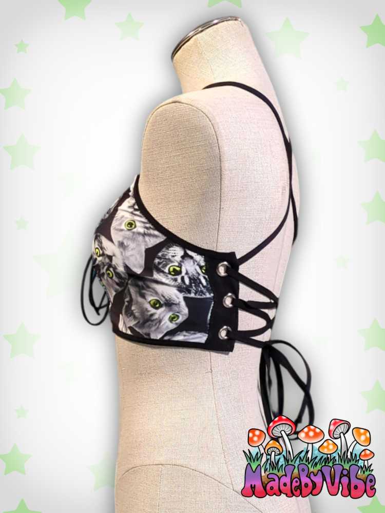 Cat Print Lace Up Front Backless Crop Top - Ready to Ship