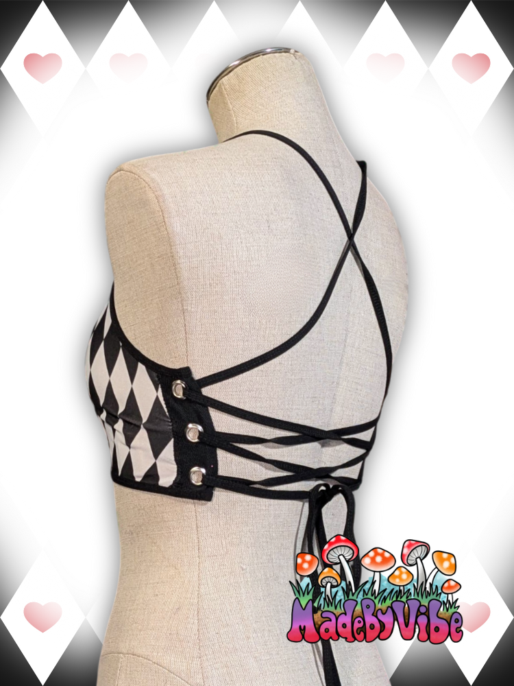 Harlequin Lace Up Front Backless Crop Top - Ready to Ship